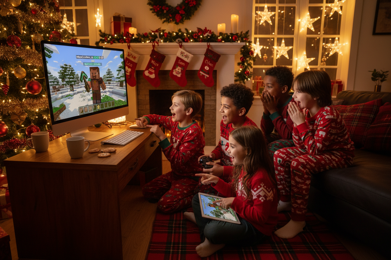 creami una foto dove ci sono bambini che giocano a minecraft, che si veda bene che giocano a quel gioco e aggiungici anche un tema natalizio 